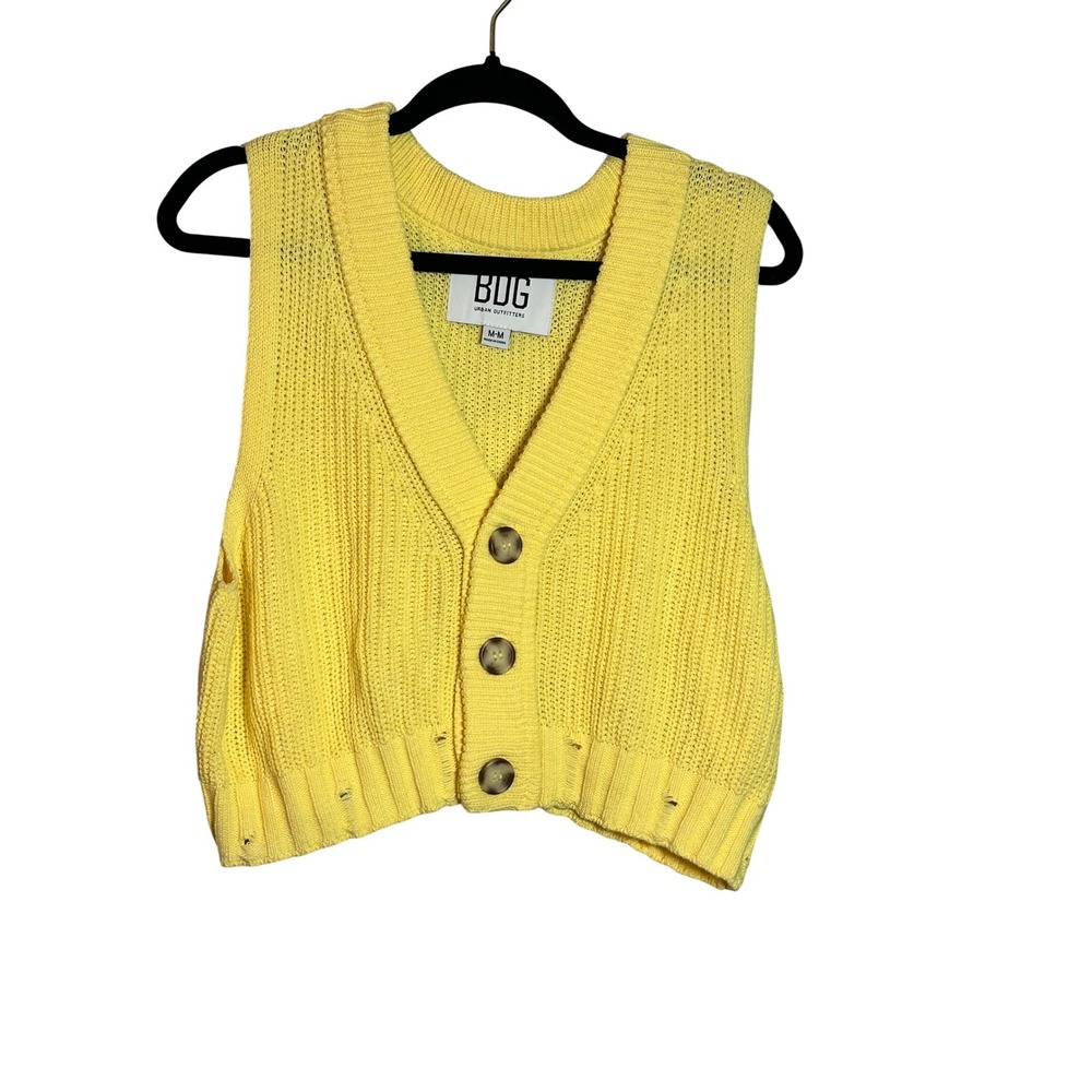 BDG Urban Outfitters Yellow Distressed Cropped Sweater Vest V-Neck Medium preppy